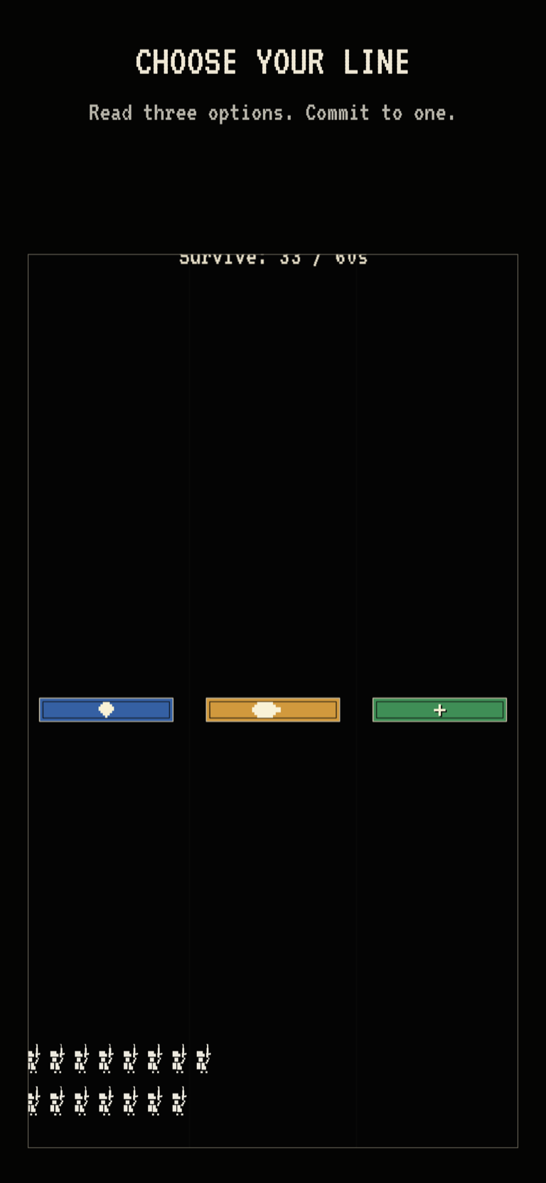 Pixel Battleline App Store composition showing a white pixel army at the bottom and three colored choice gates under the heading Choose Your Line.
