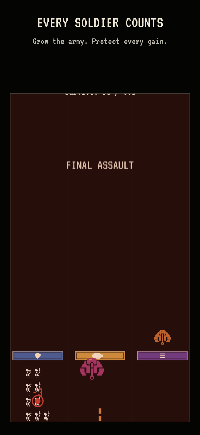 Pixel Battleline App Store composition showing a small white army, colored enemies, three lane gates, a final assault label, and a visible soldier counter.