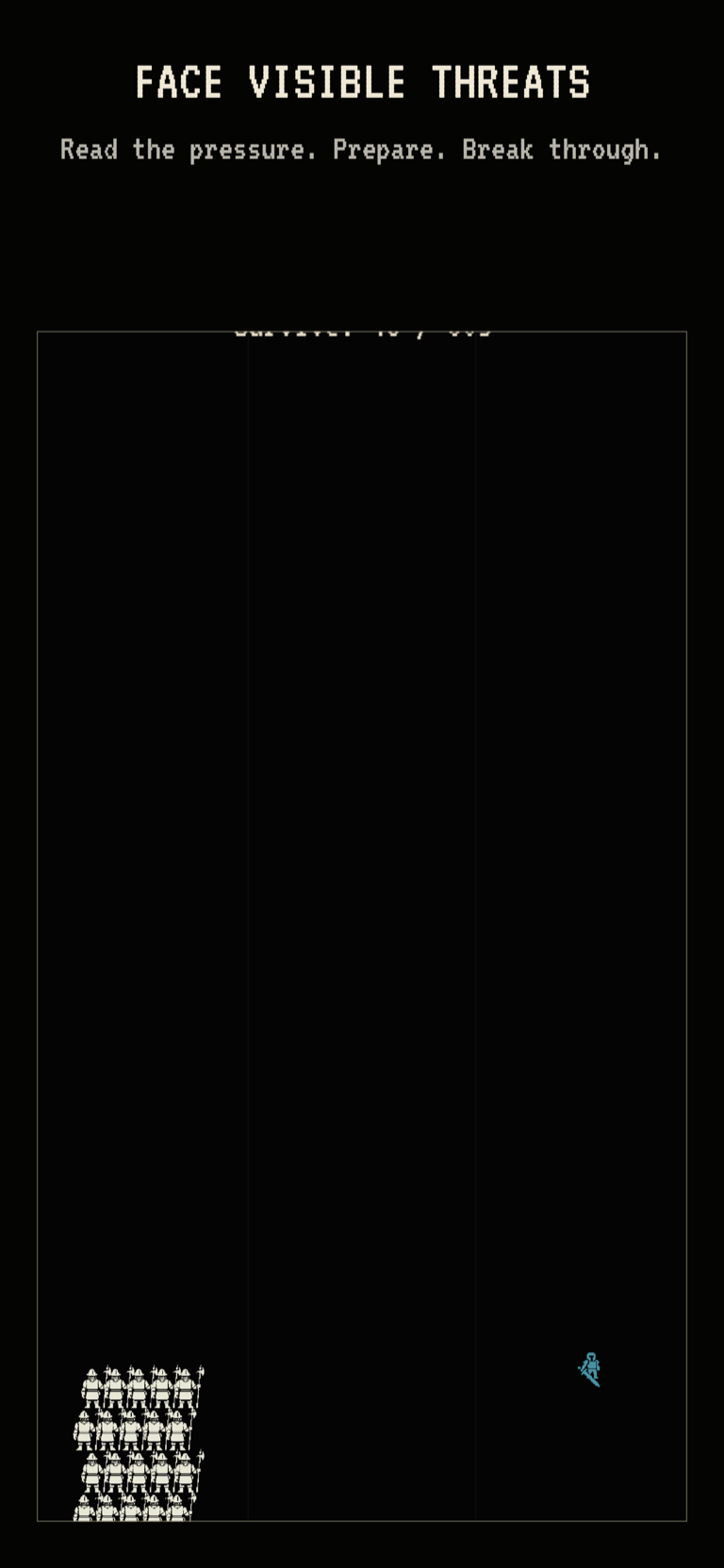 Pixel Battleline App Store composition showing a large white army and a small cyan enemy approaching across a sparse annihilation field.