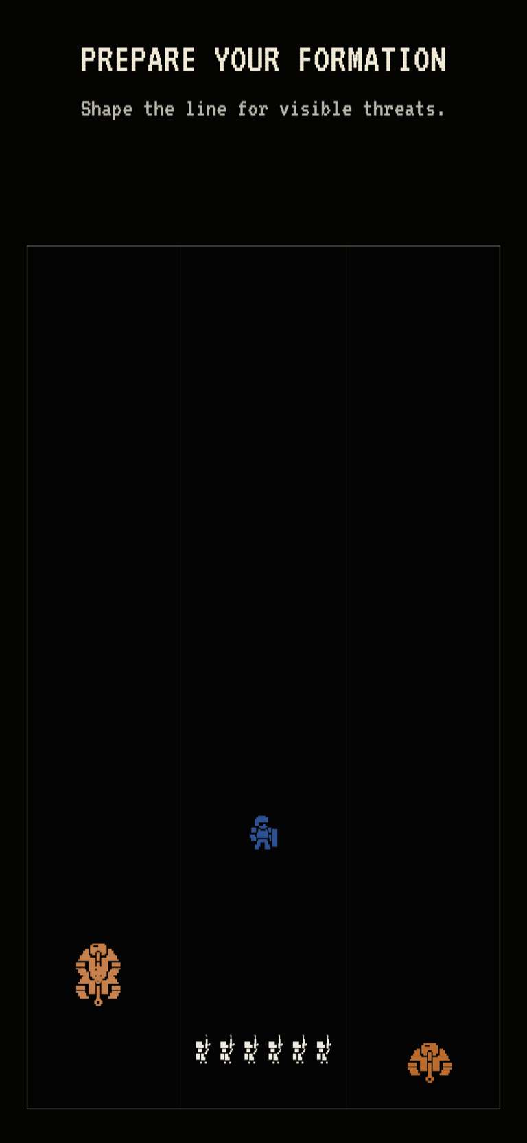 Pixel Battleline App Store composition showing a white soldier formation with blue and orange threats positioned in separate lanes.