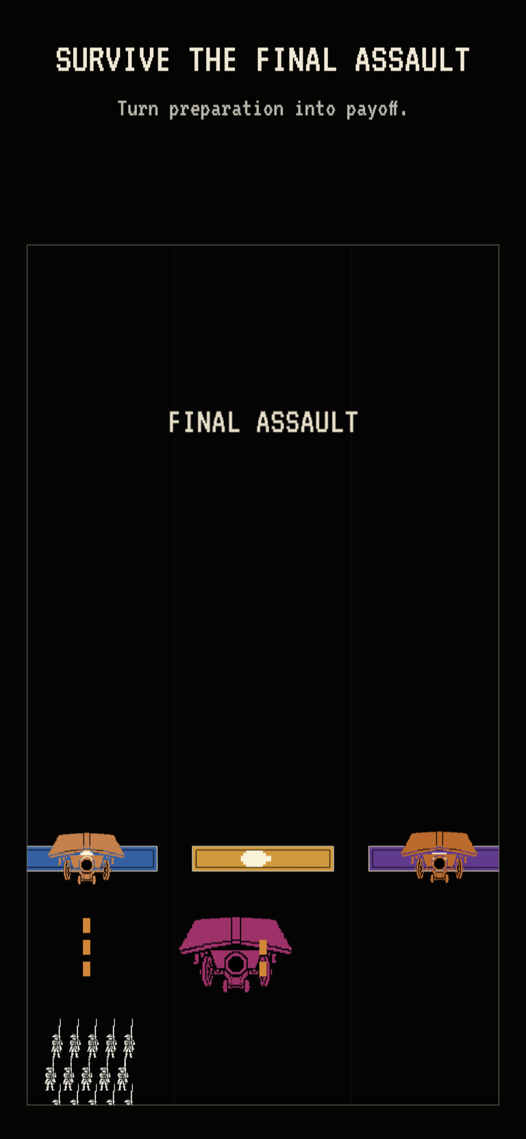 Pixel Battleline App Store composition showing a white army below three large colored enemies, lane gates, and warning markers during a final assault.