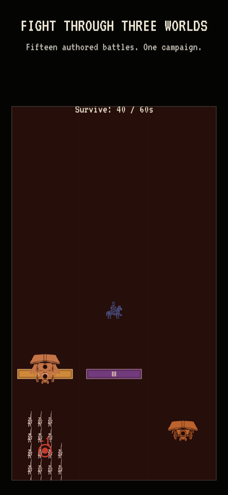 Pixel Battleline App Store composition showing a survival battle with a white army, orange machines, a mounted blue enemy, gates, and a survival timer.
