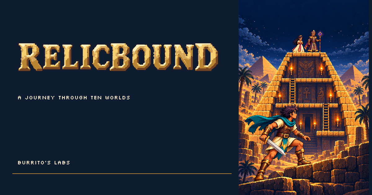 RelicBound key art: a sword-bearing adventurer approaching a golden temple beneath a night sky.