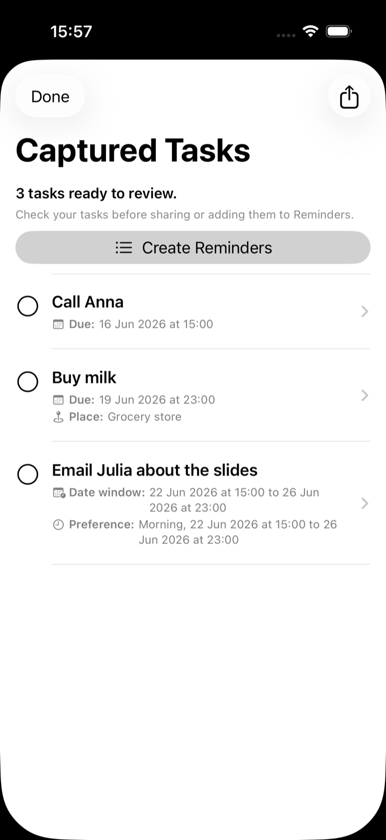 SayList Captured Tasks sheet with three synthetic tasks, dates, a place, contextual timing, and a Create Reminders action.