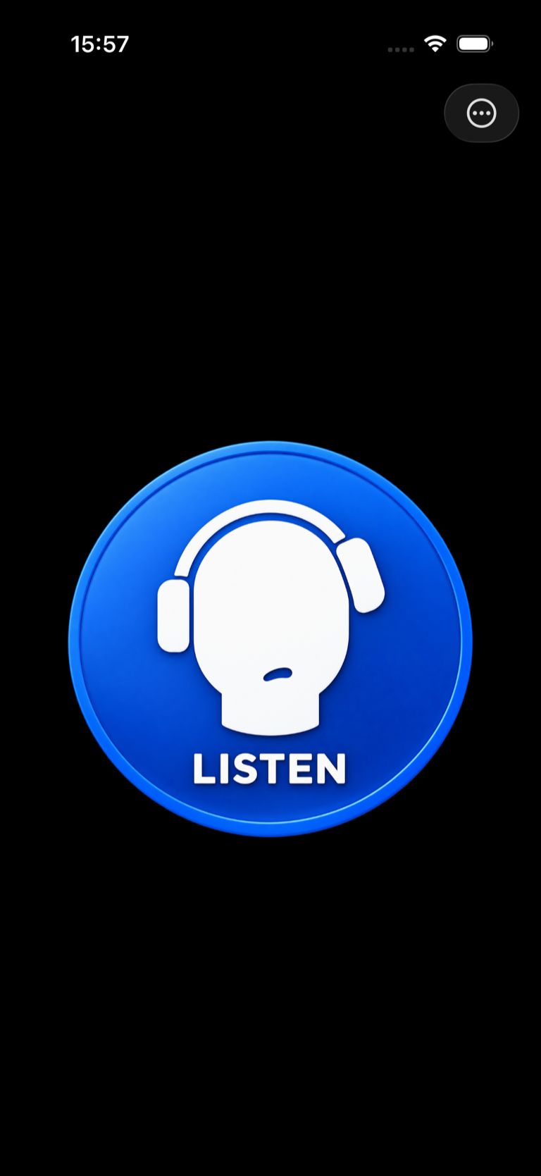 SayList iPhone idle screen with one large blue LISTEN control centered on a black background.