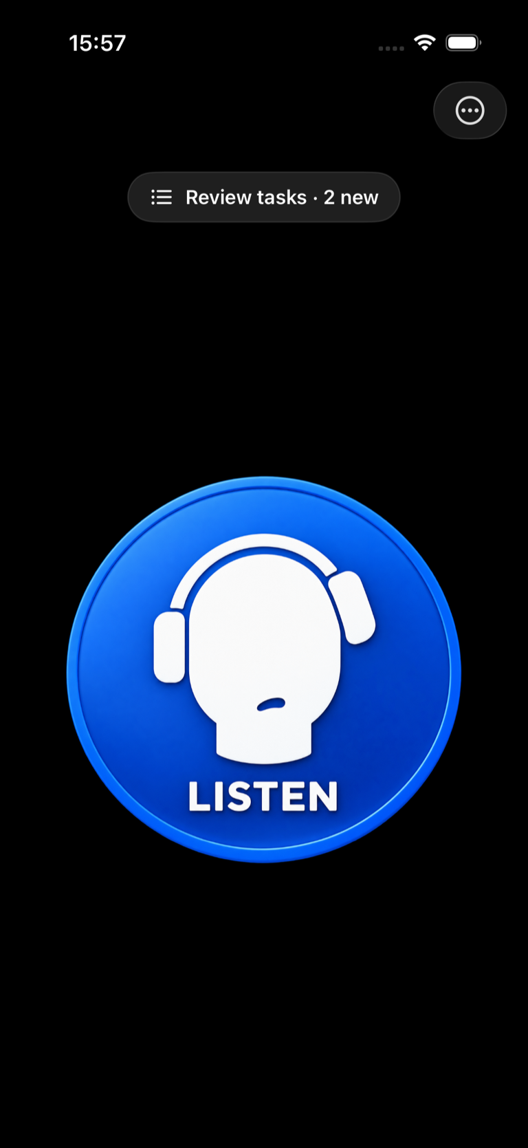 SayList idle screen with a blue LISTEN control and a Review tasks status showing two new items.