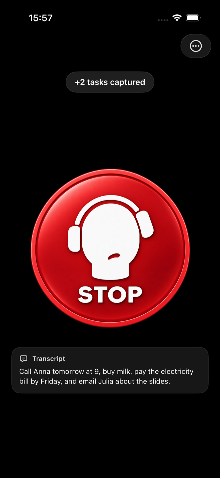 SayList recording screen with a large red STOP control, two-task capture indicator, and a short synthetic transcript.