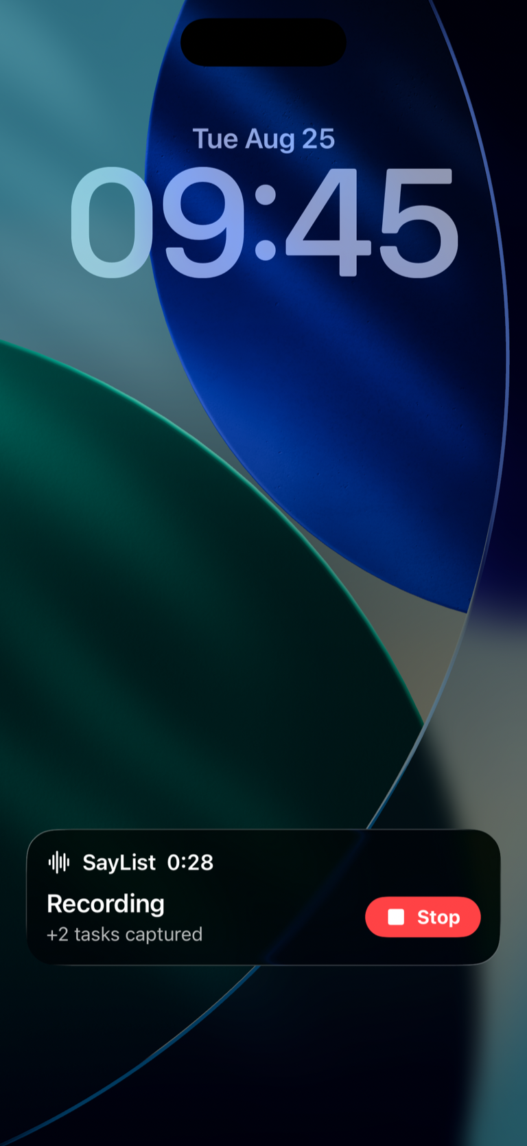 iPhone Lock Screen with a SayList recording Live Activity showing 28 seconds elapsed, two tasks captured, and a red Stop button.