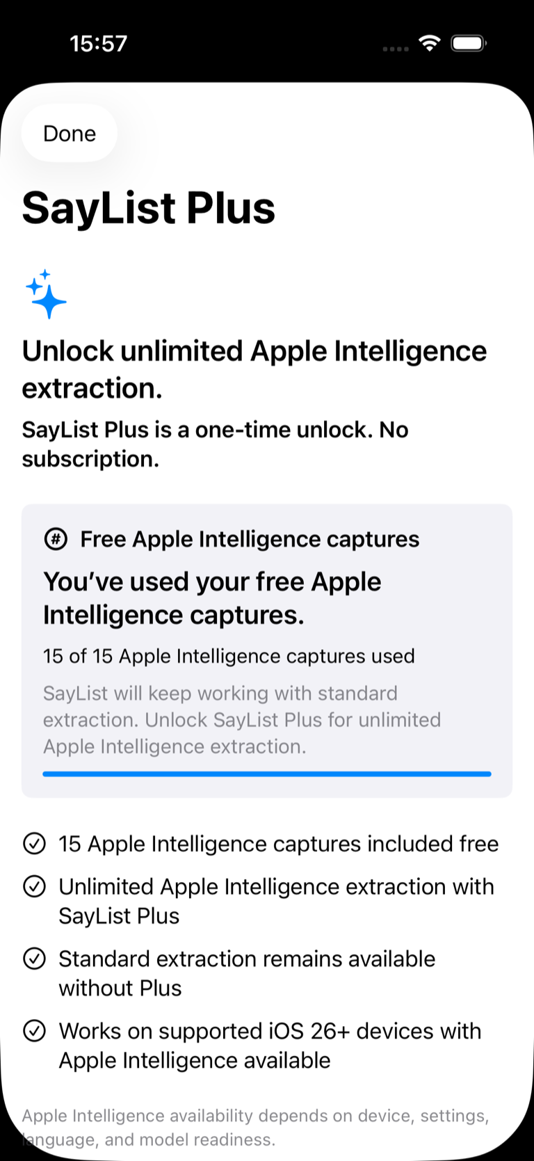 SayList Plus screen explaining the fifteen included Apple Intelligence captures, one-time unlock, and continued standard extraction.