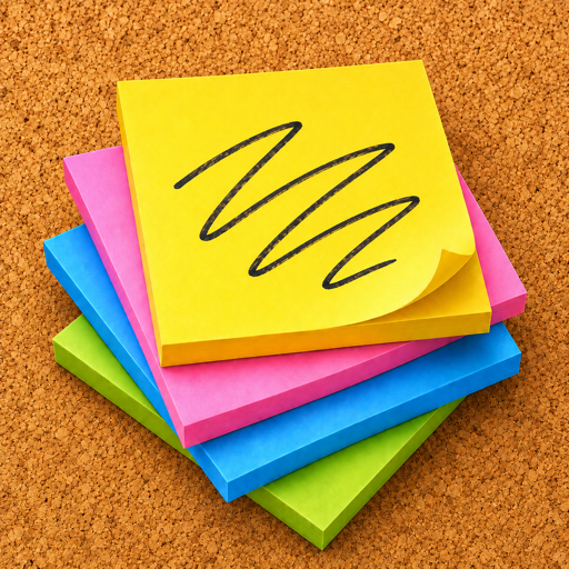 StickSpace app icon showing a yellow handwritten sticky note above pink, blue, and green notes on cork.