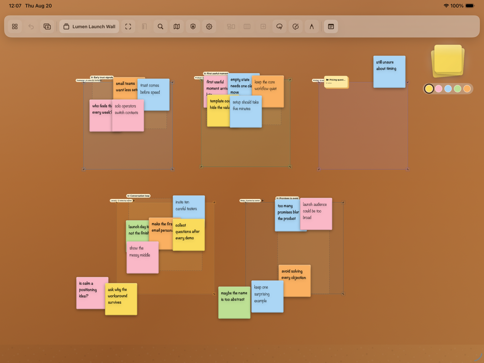 The same StickSpace Board organized with Areas and Groups while some Notes remain loose.