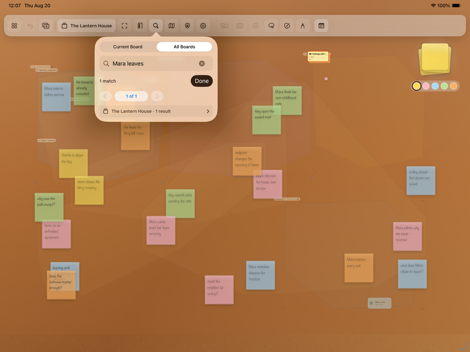 StickSpace showing an all-Board search result highlighted on its spatial Board.