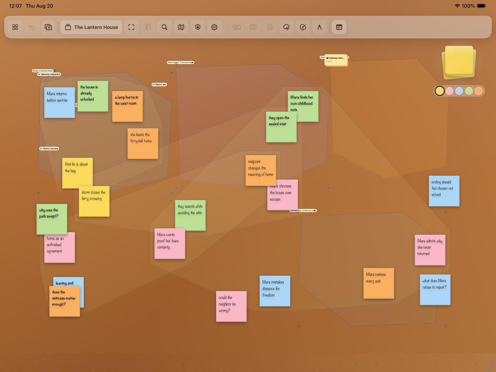 A StickSpace Board with handwritten Notes arranged into a branching story map using Areas and Groups.