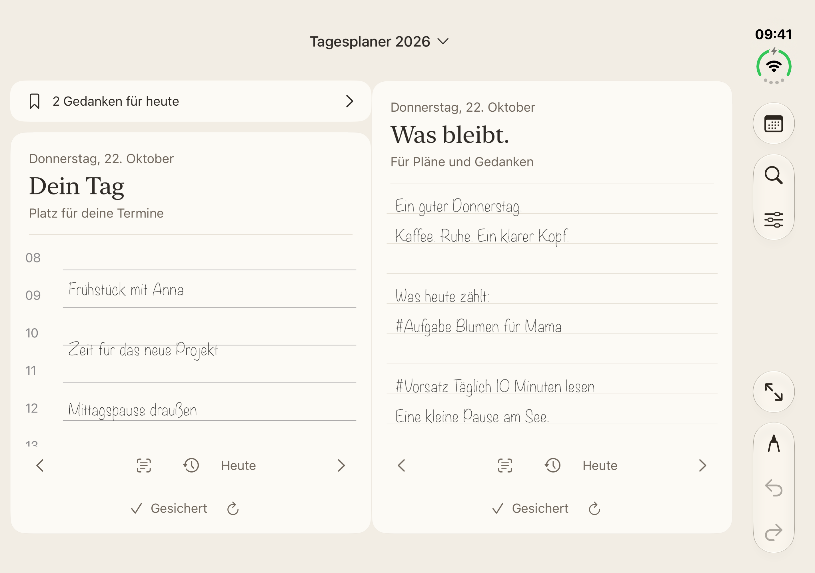 Tagfadens Tagesplaner mit handschriftlichen Gedanken und einer Stundenübersicht.