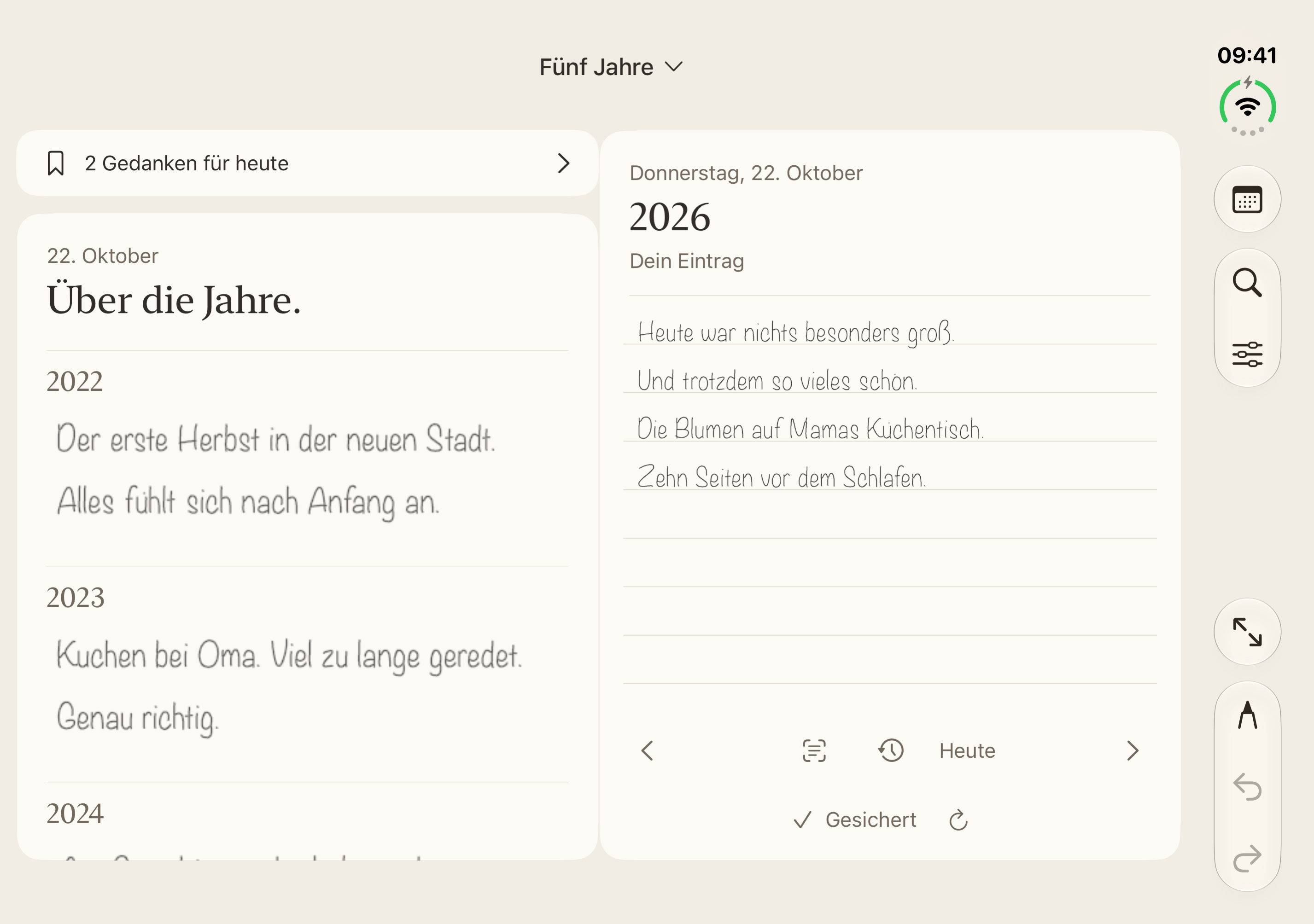Fünf-Jahres-Tagebuch mit dem heutigen Eintrag und Erinnerungen an denselben Tag früherer Jahre.
