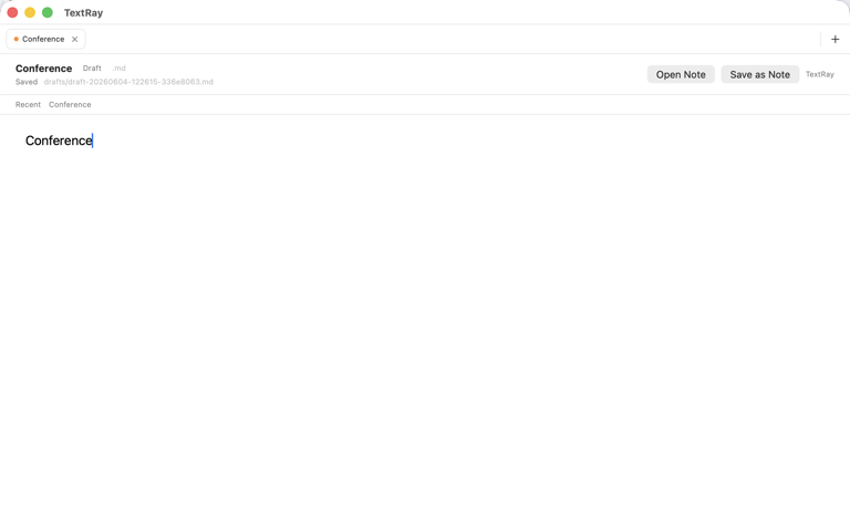 TextRay private-alpha workspace showing a local Markdown draft, one open tab, saved status, recent document access, and note actions.
