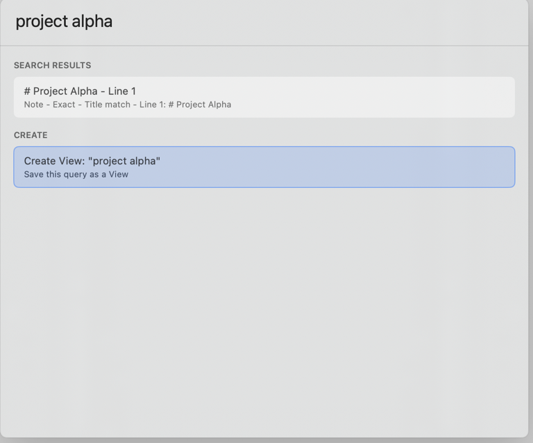 TextRay palette showing an exact Project Alpha result and a selected action to create a View from the query.