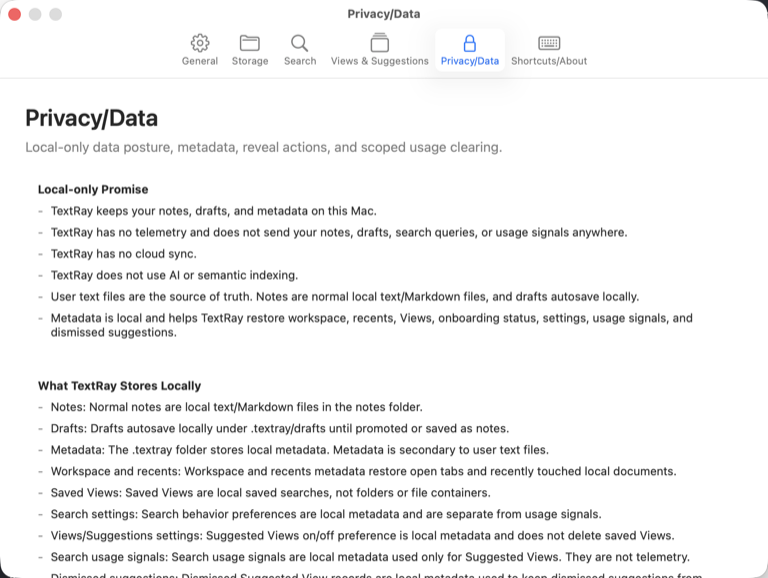 TextRay Privacy and Data settings describing local notes, drafts, metadata, search queries, and usage signals.