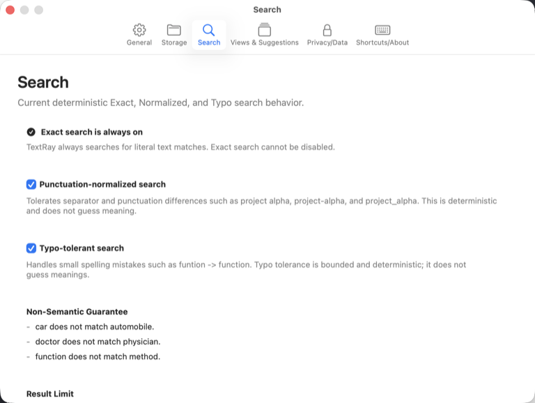 TextRay Search settings showing exact, punctuation-normalized, and typo-tolerant search behavior.