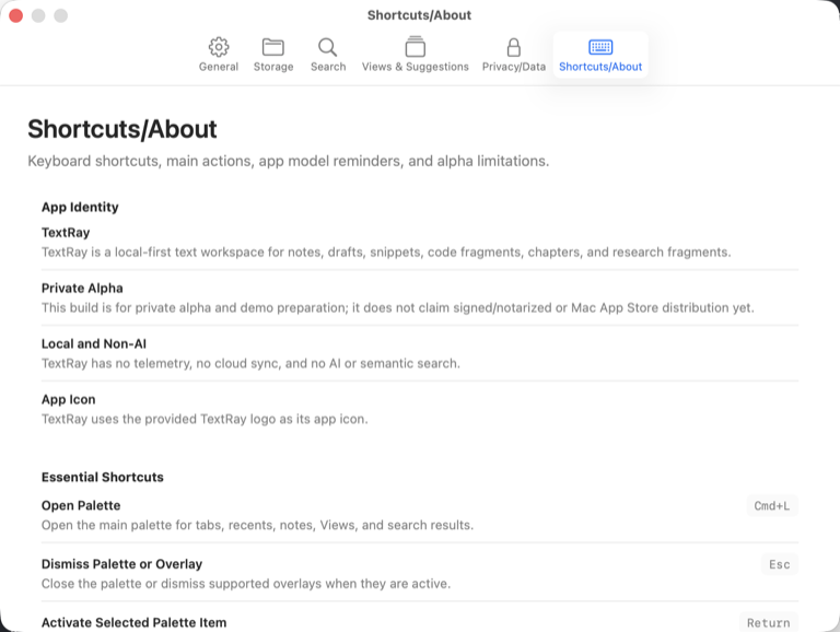 TextRay Shortcuts and About settings showing Private Alpha status and keyboard shortcuts.