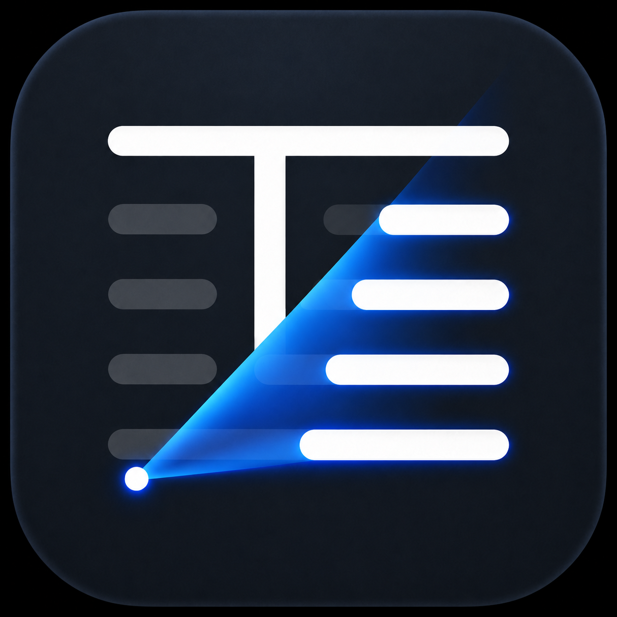 TextRay app icon with a white T, lines of text, and a blue beam on a dark background.