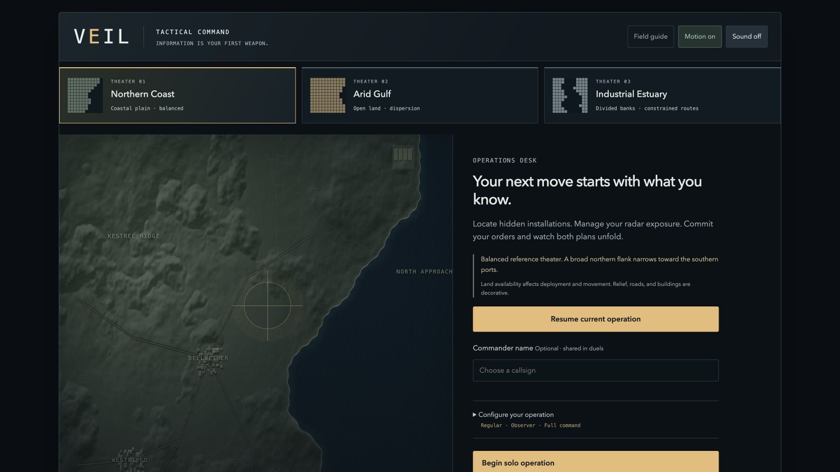 VEIL’s live operations desk showing Northern Coast, Arid Gulf and Industrial Estuary.