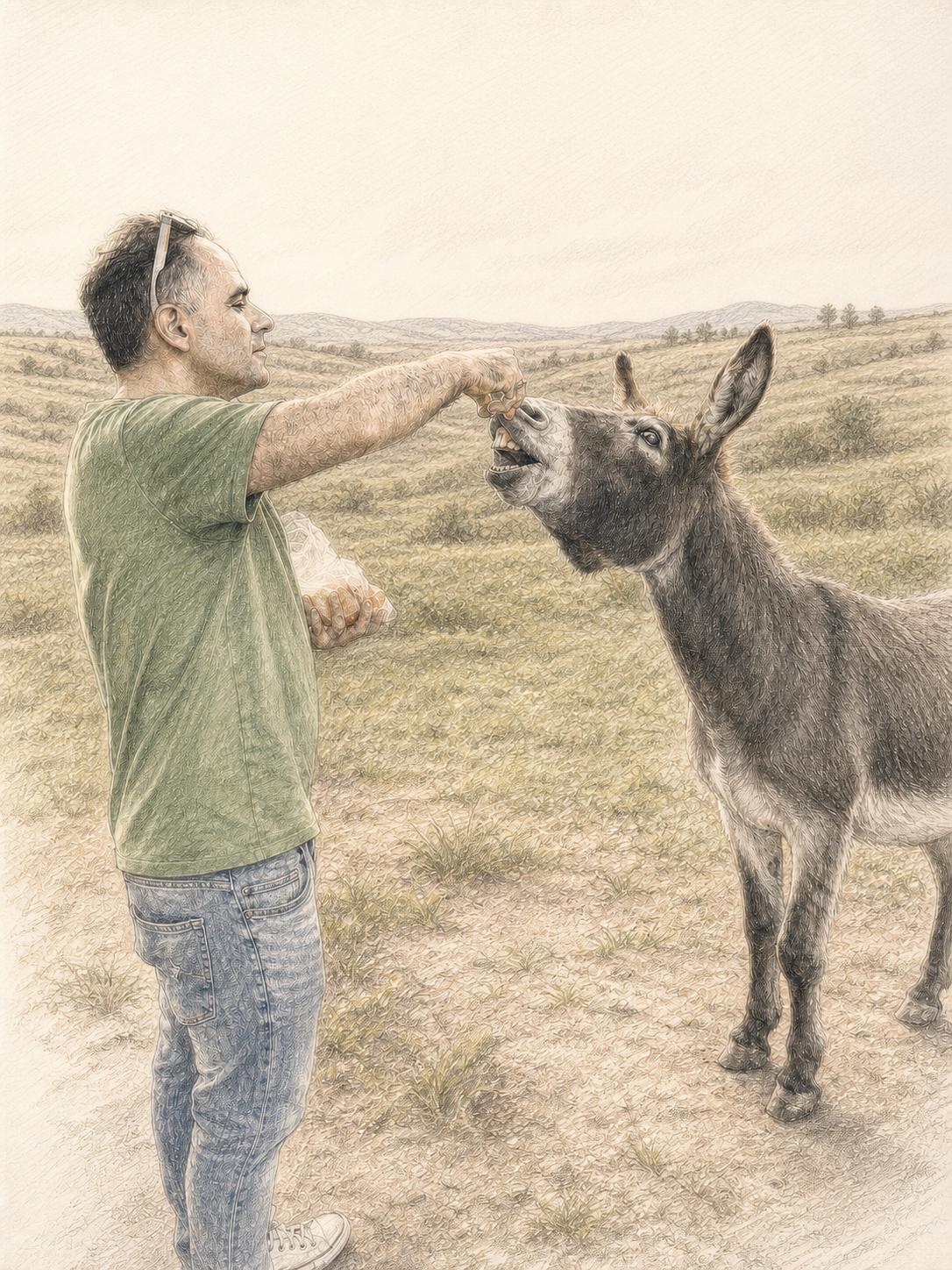 Alejandro Sanchez Guinea feeding a donkey in an open landscape.