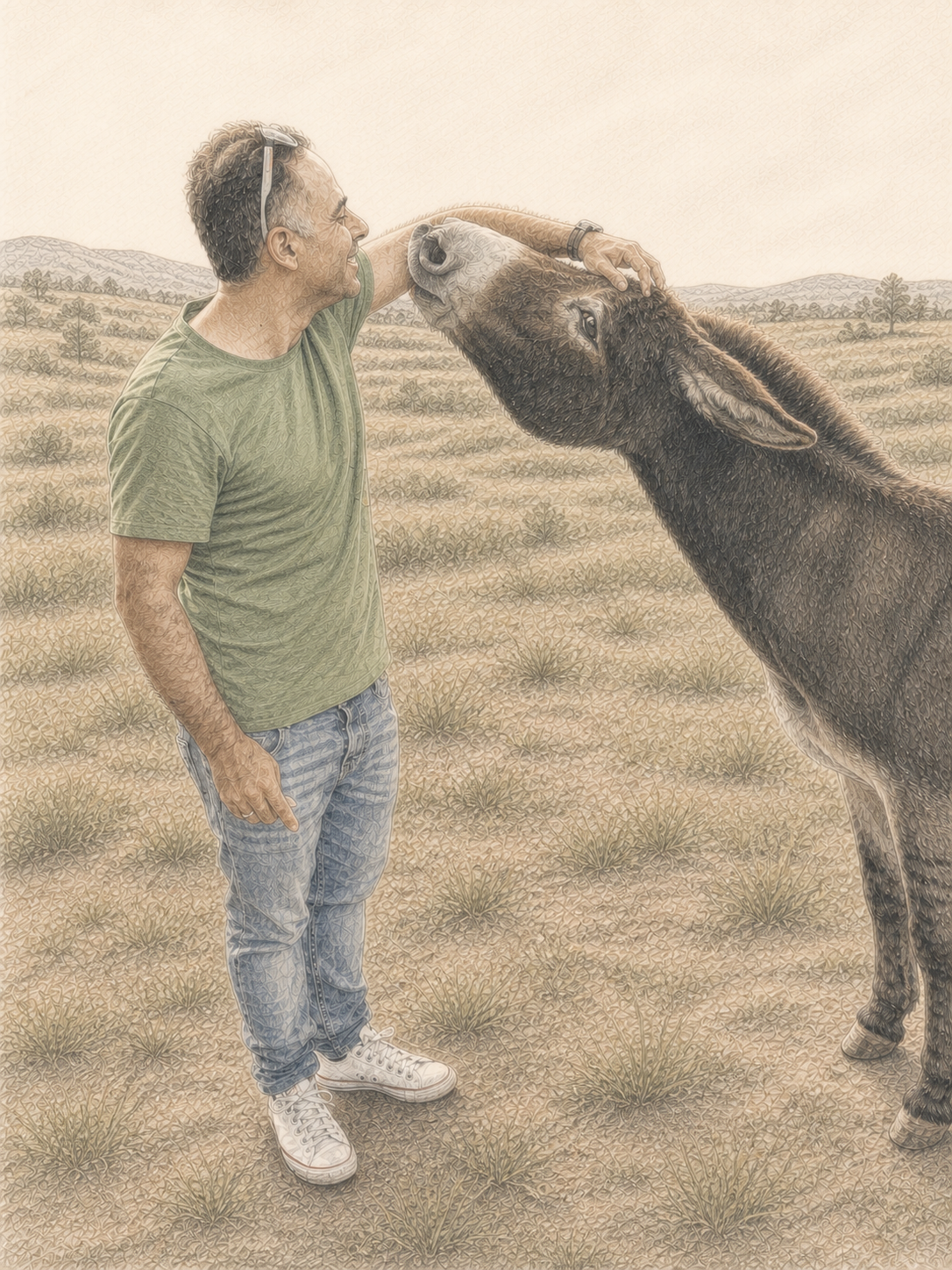 Alejandro Sanchez Guinea greeting a donkey in an open landscape.